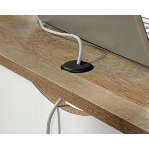 shaker style l shaped home office desk. close up of easy management for wires at bay.