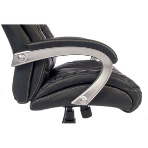 siesta black luxury leather look executive home office chair, close up side view of the padded arm.