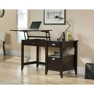 sit-stand home office desk in jamocha wood. showing the stand up of the sit or stand desk. and what this would look like in your home office.