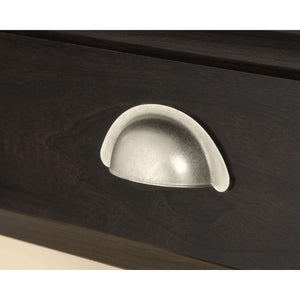 sit-stand home office desk in jamocha wood. close up of filing drawer silver handle.