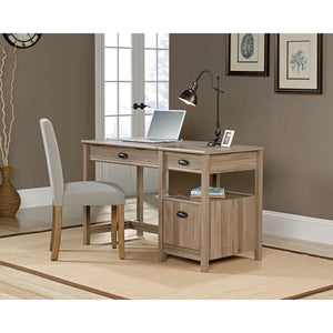 sit-stand home office desk in salt oak, showing how this would look like in your home office.