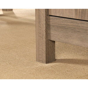 sit-stand home office desk in salt oak . close up of the neutral coloured salt oak leg of the desk.