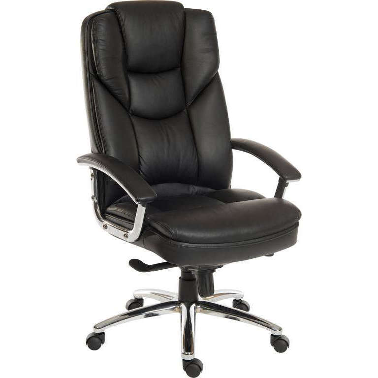 skyline-black-leather-faced-executive-home-office-chair, 45 degree angle leather faced chair steel framed armrests, solid steel 5 star base lockable tilt function, 8 hours use a day, rated up to 115kg. extra padded cushions.