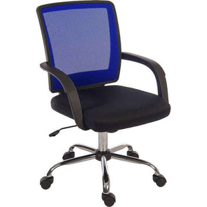 star mesh in blue mesh back home office chair. 45 degree angle in blue mesh back durable padded seat with chrome base, part-time use up to 3 hours a day and rated at 90kg.