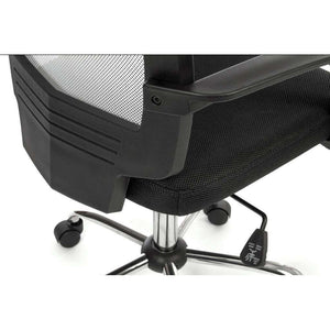 star mesh in white mesh back home office chair, close up of behind chair in white mesh back and nylon fixed armrests.