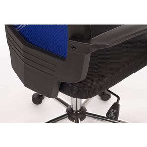 star mesh in blue mesh back home office chair, close of rear view chair in blue aerated blue mesh.