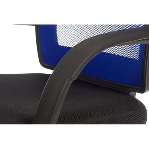 starmesh in blue mesh back home office chair. close up of aerated blue mesh back rest, and fixed nylon armrests.