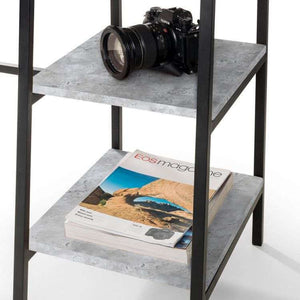 Close up of the staten contempory home office desk showing the 2 shelves with books and a camera on them and concreate effect tops.