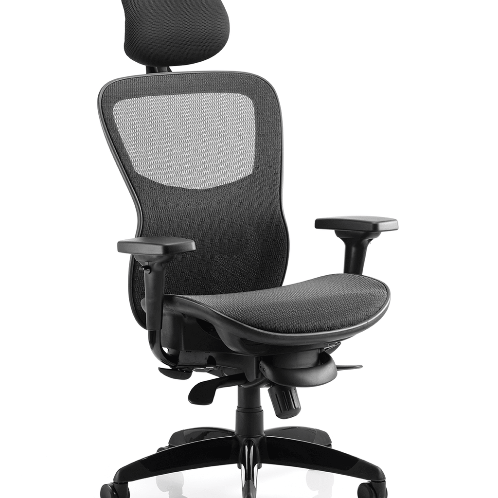 Picture of the stealth posture home office chair with black contoured  mesh backrest  contoured cushioned adjustable armrest and headrest, with 5 star base with castor wheels. seat 