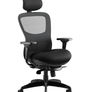 Picture of the stealth posture chair in black fabric  contoured cushion seat pad with headrest mesh contoured backrest. with adjustable armrest and 5 star base , with castor wheels.