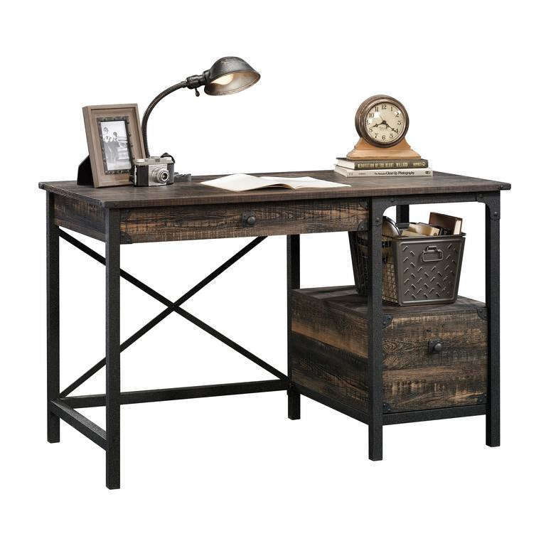 side view of the gorge home office desk with carbon oak effect finsh. 