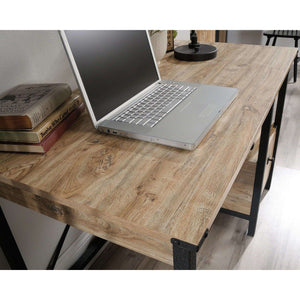 steel gorge home offine desk milled mesquite effect finish. close up of the top of the desk.