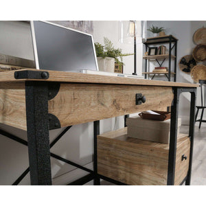 steel gorge home offine desk milled mesquite effect finish. Side view , showing the drawers and textured poweder coated metal frame.