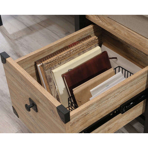 steel gorge home offine desk milled mesquite effect finish.close up of open drawer with extension slides to store office stationary