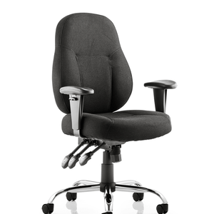 Picture of the storm operator home office chair in black fabric , with deep cushioned seat and backrest , with adjustable armrests, triple lever mechanism and chrome 5 star base with double castor wheels.