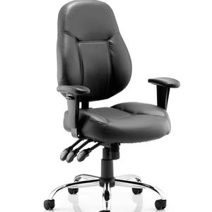 Picture of the storm operator home office chair in soft bonded leather , with destailed stitching ,  deep cushioned seat and backrest , with adjustable armrests and triple lever mechanism , with chrome 5 star base , with double castor wheels.