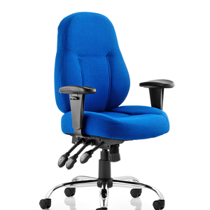 Picture of the storm operator home office chair in Blue fabric , with deep cushioned seat and backrest , with adjustable armrests, triple lever mechanism , with chrome 5 star base , with double castor wheels.