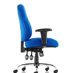 Side view of the  deep cushioned seat and backrest  in blue fabric , with adjustable armrets and triple lever mechanism , with chrome 5 star base , with double castor wheels of the storm operator home office chair.