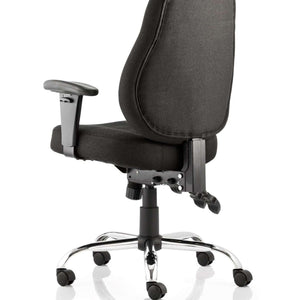 Side view picture of the storm operator home office chair in black fabric deep cushioned seat and backrest , with adjustable armrests, with chrome  5 star base , with double castor wheels.