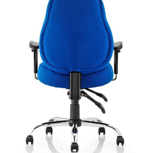 Back view picture of the blue fabric coloured cushioned seat and backrest of the storm operator home office chair , with chrome  5 star base , with double castor wheels.