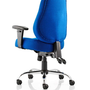 Side angle view ogf the storm operator home office chair in blue fabric  deep cushioned seat and backrest with adjustable armrests, and chrome 5 star base , with double castor wheels in black.