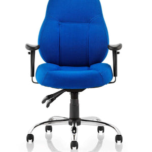 Front view picture of the blue fabric deep cushioned seat and backrest , with adjustable armrests and chrome 5 star base , with double castor wheels .of the storm operator home office chair.