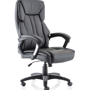 Side view of the startford Executive home office chair , with impressive upholsterd cushioned waterfall seat front and cushioned seat , with padded armrests, with silver arm styling and 5 star security base , with twin castor wheels.