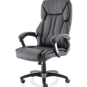 Side angle view of the stratford Executive home office chair in black leather with waterfall front seat cushioned seat pads and armrests , with 5 star base , and twin castor wheels.