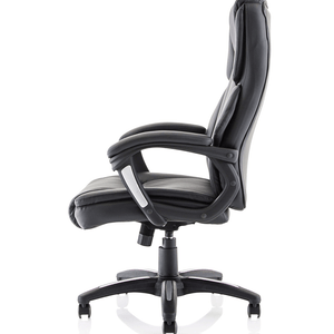 Right side view of the stratford Executive home office chair in black leather with padded armrests with highlight silver arm style , with 5 star security base , with twin castor wheels.