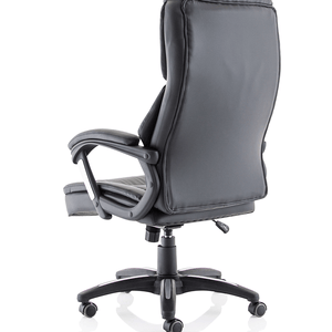 Left angle back view of the stratford black leather Executive home office chair with padded armrests , with silver high light style with 5 star security base, with twin castor wheels.