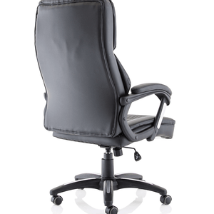 Left angle view of the stratyford Executive home office chair in black leather with padded armrest with silver highlight , and 5 star base with twin castor wheels.