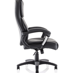 Left angle view of the stratford Executib=ve home office chair , in black leather ,with padded armrest with silver highlight , and 5 star  security base with twin castor wheels.