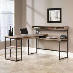 streamline l shaped executive home office desk with salt oak finish, showing how this would look in your home office.