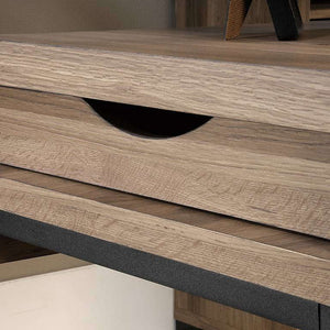 streamline l shaped executive home office desk with salt oak finish. close up of the concealed drawer.