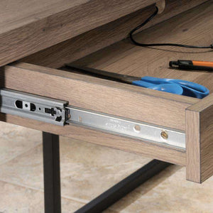 streamline l shaped executive home office desk with salt oak finish. close up of the drawers full extension slides.