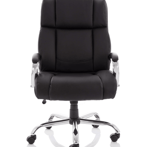 Picture front view of the Texas Executive home office chair with reinforced seat and backrest with deep  cushioned contoured backrest and seat , with fixed padded chrome armrests, and chrome  5 star base with castor wheels.