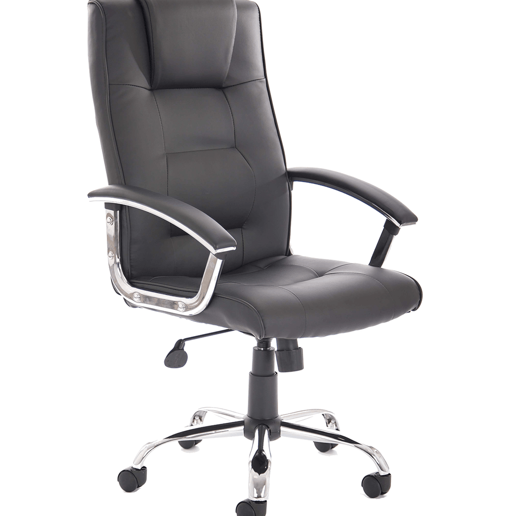 Picture side view of the Thrift Executivr home office chair with contoured cushioned backrest with cushioned headrest  and generously cushioned dish design seat , with padded chrome armrest and matching chrome  5star base , with black  twin castor wheels.