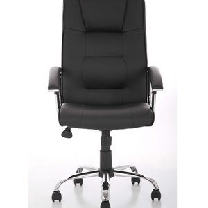 Front view of the Thrift Executive home office chair in soft bonded leather, with waterfall cushioned backrest and cushioned seat pad , with padded chrome armrests and chrome  5star base , with  black twin castor wheels.