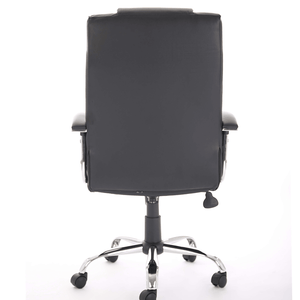 Picture of the back view of the Thrift Executive home office chair , with chrome  5 star base , with twin  black castor wheels gas pump mechanism.