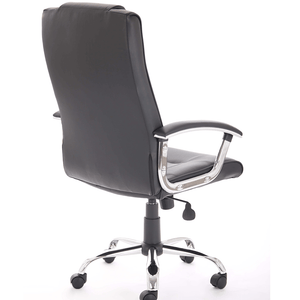 Right side angle picture of the Thrift Executive home office chair , with padded chrome armrests and chrome  5star base , with black castor wheels.