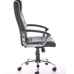 Left angle view of the Thrift Executive home office chair in black leather , with fixwed chrome padded armrests, and chrome 5 star base ,with twin castor wheels.