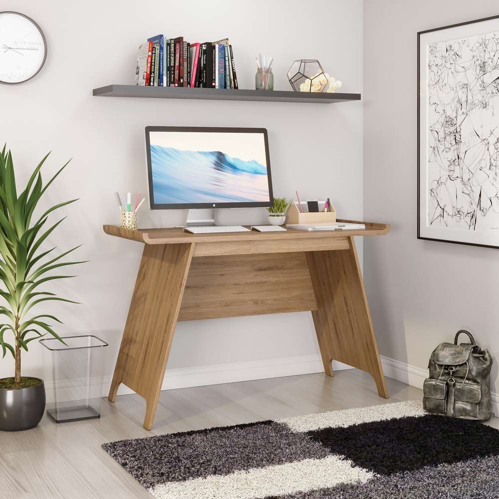 towson trestle stylish curved desk in beaufort oak. angled legs,is small for where space is limited.