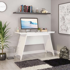 towson trestle in white with stylish curve home office desk. small for where space is limited, angled legs, showing you how this would look in your home office.