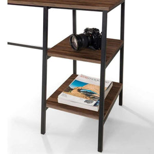 Close up of the walnut desk with 2 shelves with books and camera on them , of the tribeca contemporary home office desk