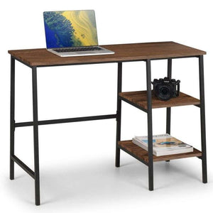 Picture of the walnut tribeca desk in use , with laptop and books onthe shelves of the tribeca contemporary home office desk.