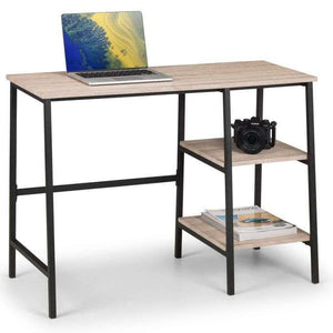 Picture of the sonoma   tribeca contemporary home offfice desk in use with office stationary on the shelves and laptop on the desk.