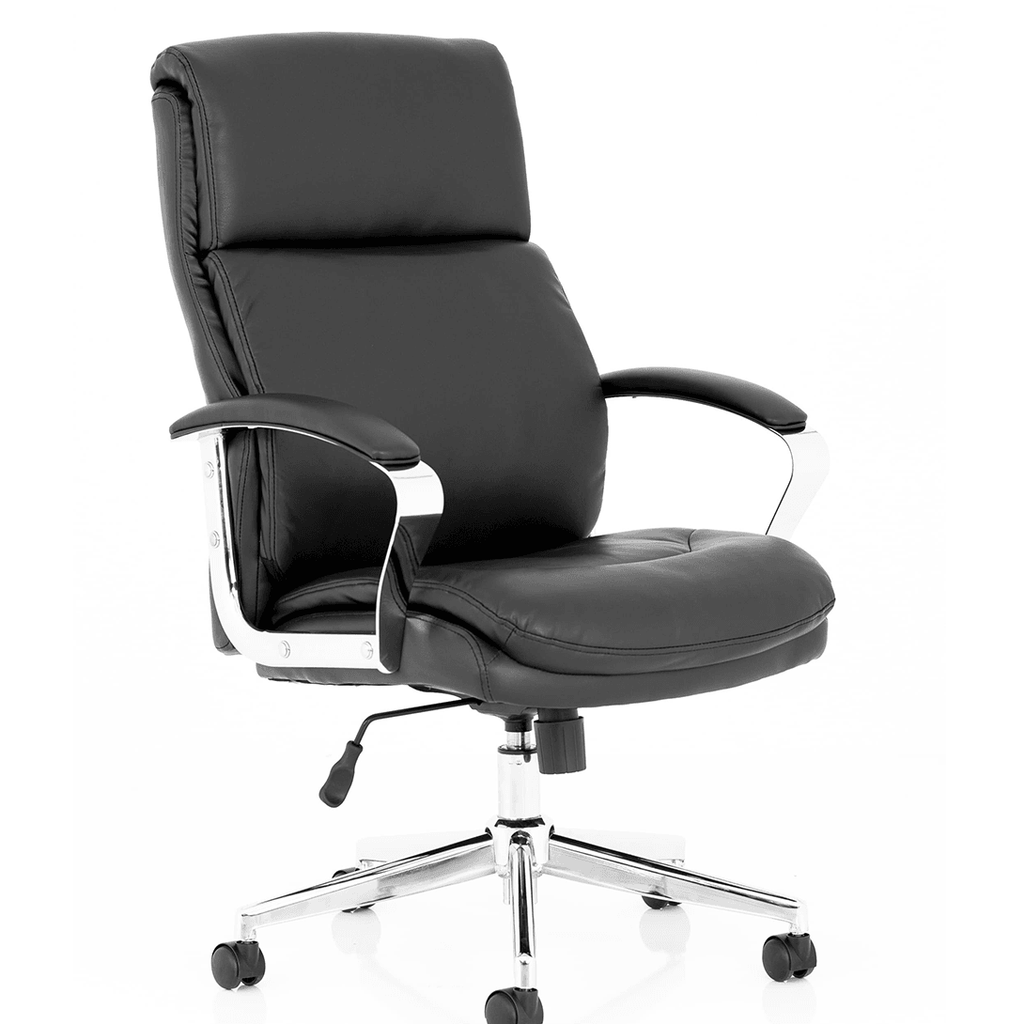 Picture of side of the Tunis Executive home office chair , with contoured waterfall front cushioned backrest and contoured padded seat . with  fixed padded chrome armrests , and chrome  5 star base , with twin castor wheels.