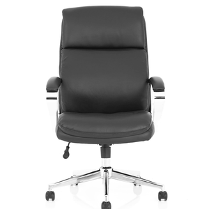 Picture of the Tunis Executive home office chair in black leather with waterfall cushioned backrest and contoured cushioned seat pad. with padded chrome armrests. and chrome 5 star base , with  black twin castor wheels.