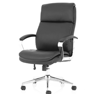 Picture of left angle view of the Tunis Executive home office chair in black leather , with waterfall cushioned backrest and contoured cushioned seat . with fixed padded chrome armrests, with chrome  5 star base , with black castor wheels.