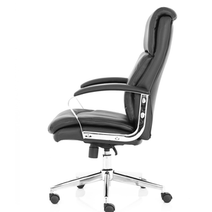 Picture of left angled view of the Tunis Executive home office chair in black leather , with contoure waterfall cushioned backrest and  contoured cushioned seat pad . , with fixed chrome padded armrests, and chrome  5 star base with black  castor wheels.